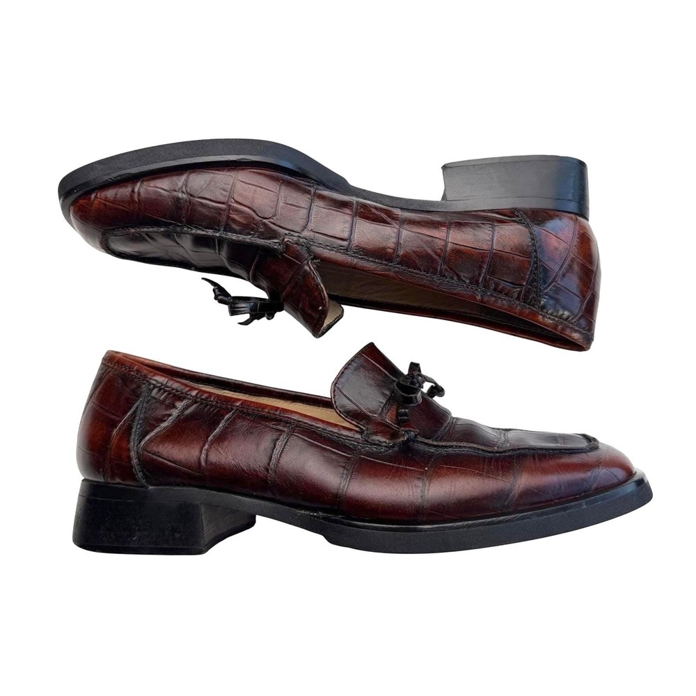 Sesto Meucci Loafers Croc Embossed Brown Leather Vintage Academia Old Money 6.5